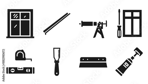 Black silhouette icons of construction and repair tools in minimalist style