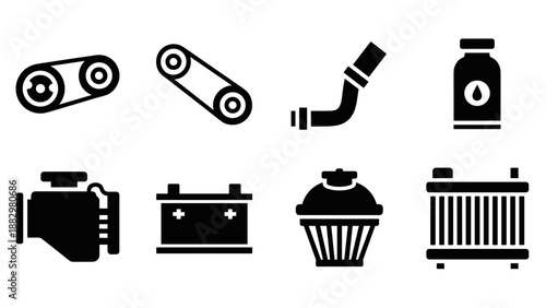 Essential car engine parts icons in bold silhouette style