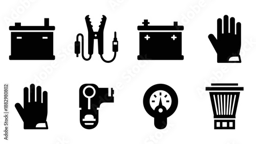 Automotive repair icons set: battery, jumper cables, gauge, engine parts in black silhouette