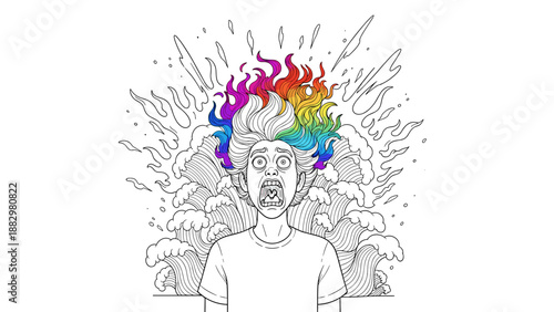 Surreal explosive expression with vibrant rainbow hair in line art style