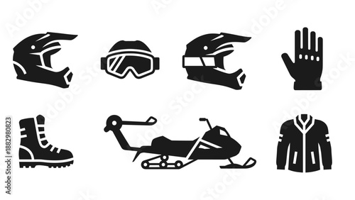 Winter sports equipment icons: snowmobile gear in stylized black and white silhouette