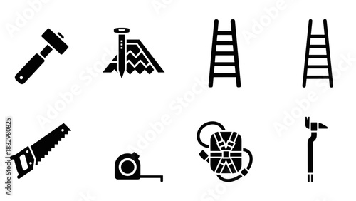 Construction icon set: tools and equipment in bold black design
