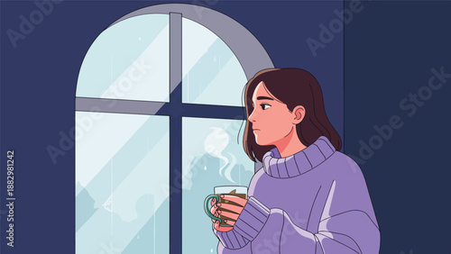 Thoughtful young woman in a warm purple sweater sips a hot beverage while gazing out an arched window on a cold day.