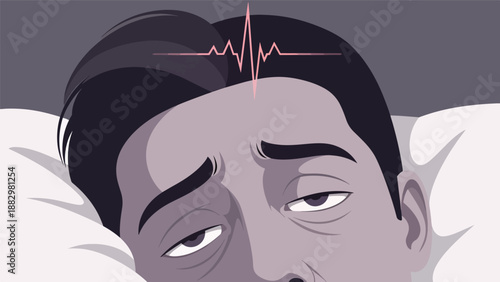 Illustration of a man suffering from insomnia, anxiety, or a restless mind, depicting sleep deprivation, mental distress, and the struggle for a peaceful night's rest.
