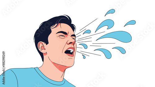 Illustration of a young man sneezing or coughing forcefully, expelling droplets. Concept of allergies, flu, cold, illness, or spreading germs and viruses.