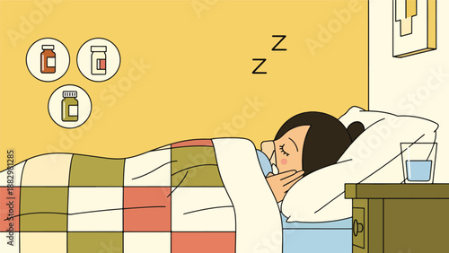 Cartoon illustration of a person sleeping peacefully in bed with medicine bottles on the wall, symbolizing rest, health, and the importance of good sleep or sleep aids.