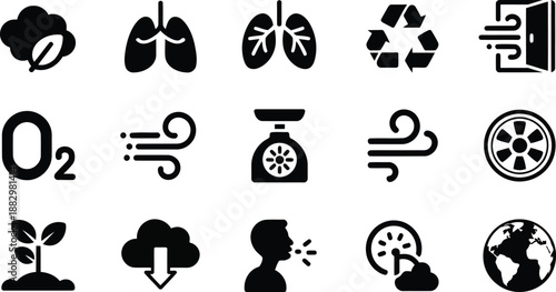 A diverse set of ecological, health, and environmental black silhouette icons on a clean white background