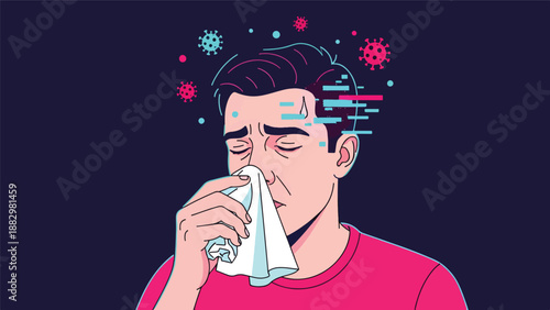 Man blowing nose with tissue, feeling sick with virus particles floating around his head