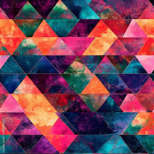 Kaleidoscope dreams of triangles create a modern mosaic tessellation of vibrantly colored geometric tie dye