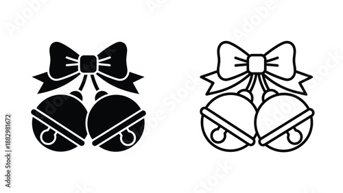 two black and white jingle bell icons with decorative bows