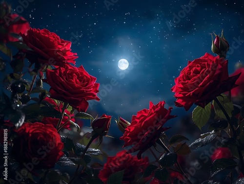 Red roses bloom under a full moonlit night sky