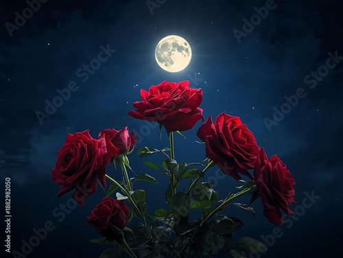 Red roses bloom under a full moonlit night sky