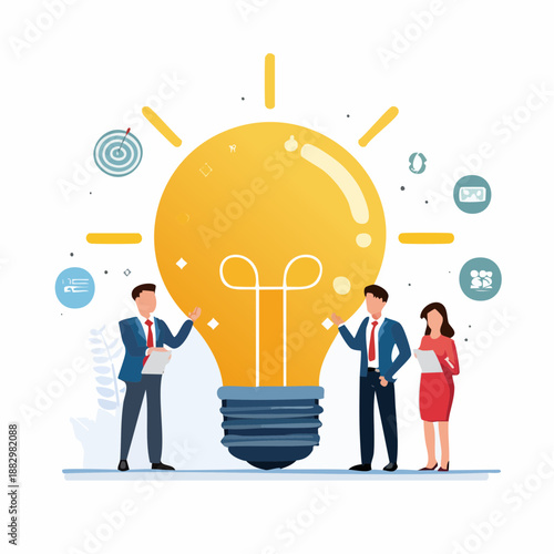 Team collaboration and creative idea generation illustration concept with business professionals around a giant light bulb symbolizing innovation