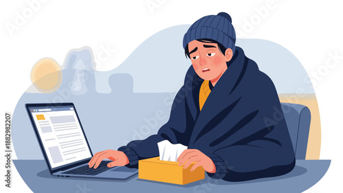 Sick person working on laptop from home, wrapped in blanket with tissues, feeling unwell