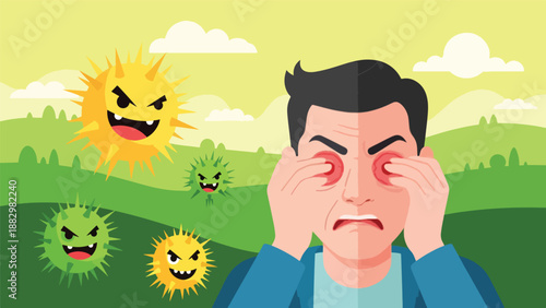 Man suffering from allergies, rubbing red eyes due to pollen and airborne viruses in a green landscape