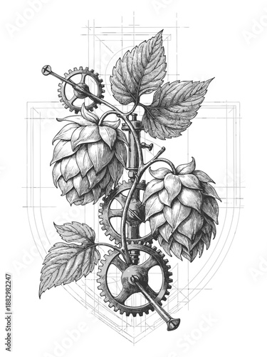 combining hops plant with interlocking mechanical gears in a unique steampunk botanical concept sketch engraving generative ai vector illustration. Scratch board imitation. Black and white image.