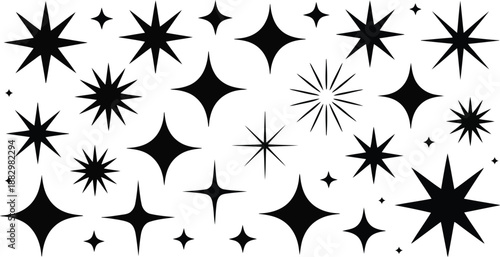 A dynamic arrangement of black starburst and star shapes displayed prominently on a pure white background