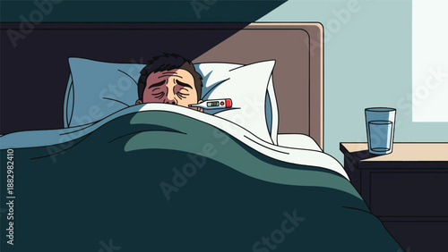 Man in bed with thermometer in mouth, feeling sick and unwell, isolated at home during illness