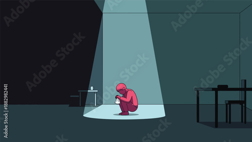 Solitary red figure illuminated by a single spotlight, crouching in a dark, empty room, symbolizing loneliness, depression, and mental health struggles.