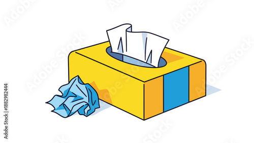 Cartoon illustration of a bright yellow tissue box with fresh white tissues and a crumpled used one, perfect for themes of health, illness, and comfort.