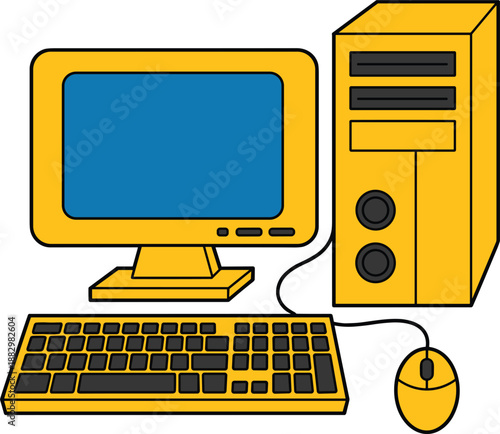 Cartoon illustration of a yellow desktop computer system with a monitor keyboard and mouse technology