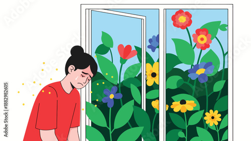 Sad young person suffering from pollen allergy or hay fever, crying indoors while colorful flowers bloom outside an open window. Seasonal allergies concept.