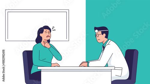Woman with sore throat or respiratory illness consulting a male doctor in a clinic. Patient describes symptoms to physician during medical examination.
