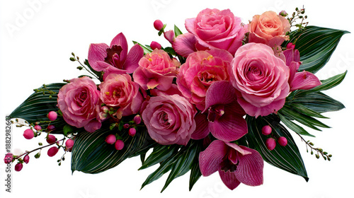 Diagonal embrace of rosy hues a modern flower arrangement featuring pink roses, vibrant orchids, and energetic botanical designs