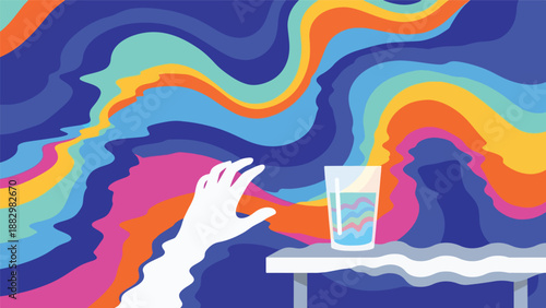 Vibrant abstract illustration of a hand reaching for a glass of water, set against a swirling backdrop of colorful human profiles and patterns.