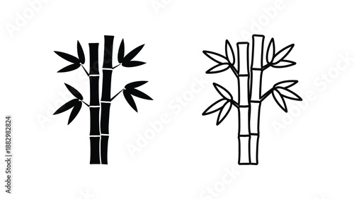 a black and white line drawing of stylized bamboo stalks and leaves