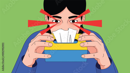 Close up of a person's face with red laser beams coming from their eyes and holding a tissue box, symbolizing intense focus or concentration.