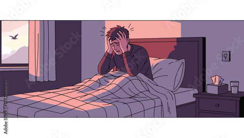Man waking up in bed with headache, feeling stressed and anxious in the morning light