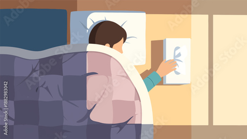 Person sleeping in bed, adjusting thermostat for comfort and temperature control at night