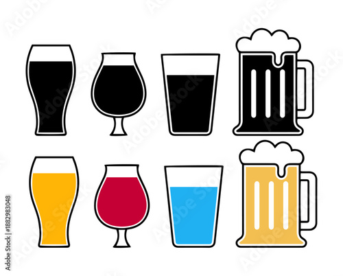 Beer glass and mug icons set, craft brewery and beverage vector collection