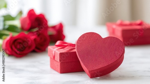 A Romantic Scene with Heart-Shaped Box and Red Roses Surrounded by Presents, Perfect for Celebrating Love and Special Occasions