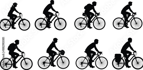 Silhouettes of diverse cyclists riding bicycles in side profile, showcasing commuting, recreation, and travel styles for urban mobility and lifestyle visuals.