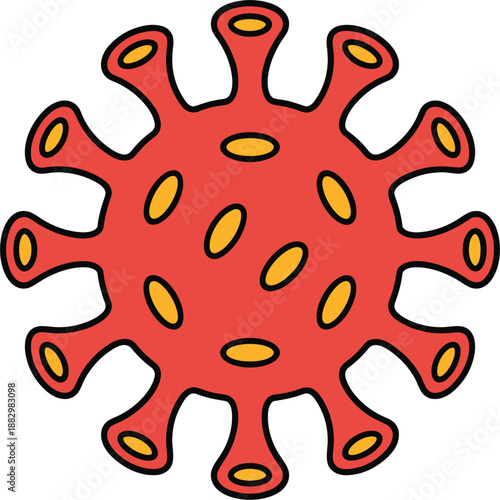 Red Microbe Illustration with Yellow Ovals and Spiky Appendages on White Background virus coronavirus