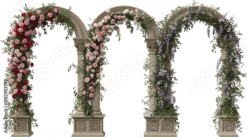 Classical garden archway set, floral column illustration, rose and wisteria vines, romantic architecture vector, black white design bundle