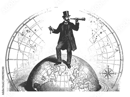 Victorian-era explorer standing on globe, holding a telescope and compass, symbolizing discovery sketch engraving generative ai fictional character vector illustration. Scratch board. Black and white.