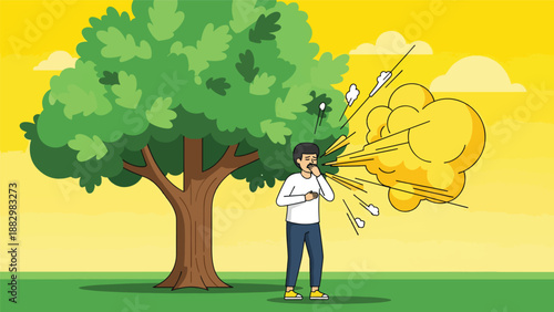 Man sneezing outdoors under a tree, experiencing seasonal allergies or pollen reaction, cartoon style