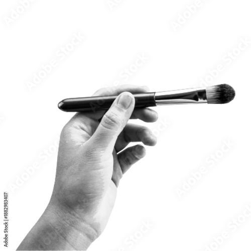 Human hand holding a makeup brush. Minimal monochrome halftone illustration symbolizing beauty, cosmetics, makeup application, skincare routine, artistry, and personal care on white background.