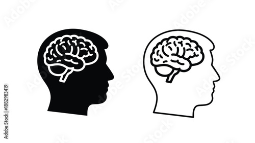 two head silhouettes displaying brains one black and one white in profile view