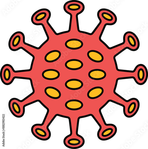 Stylized Red Virus Particle with Yellow Spots and Tentacles on White Background coronavirus bacteria