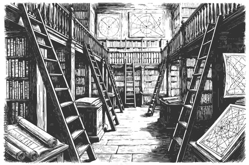 vintage library with star charts, tall shelves, rolling ladders, and ancient scrolls sketch engraving generative ai vector illustration. Scratch board imitation. Black and white image.