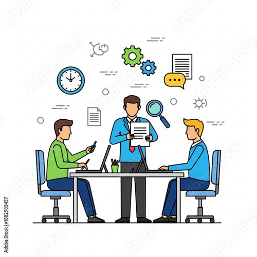 A vector graphic illustration of three businessmen in a meeting with various office supplies and symbols surrounding them