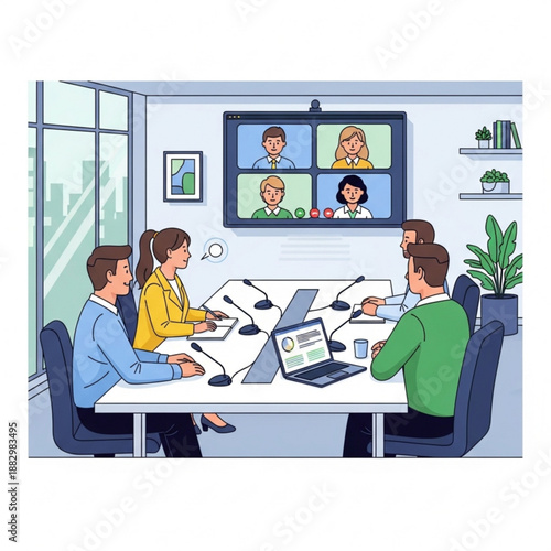 A group of business professionals engaged in a video conference in a modern office