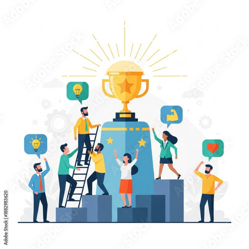 A group of people celebrating success with a large trophy and ideas