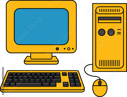 Vintage yellow desktop computer with monitor keyboard and mouse on a white background Keywords: vintage computer, desktop computer, old computer, retro computer, computer