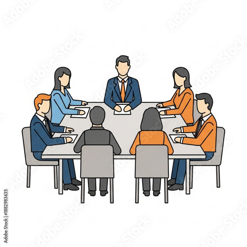 A vector graphic illustration of a business meeting with people sitting around a table