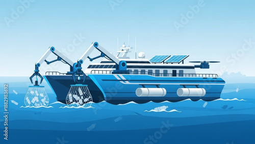 A modern blue boat collecting plastic waste from the ocean with a crane